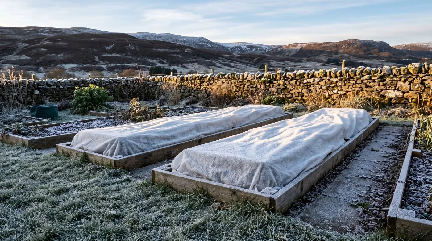 Vegetable beds covered with white garden fleece on a frosty Scottish plot at sunrise