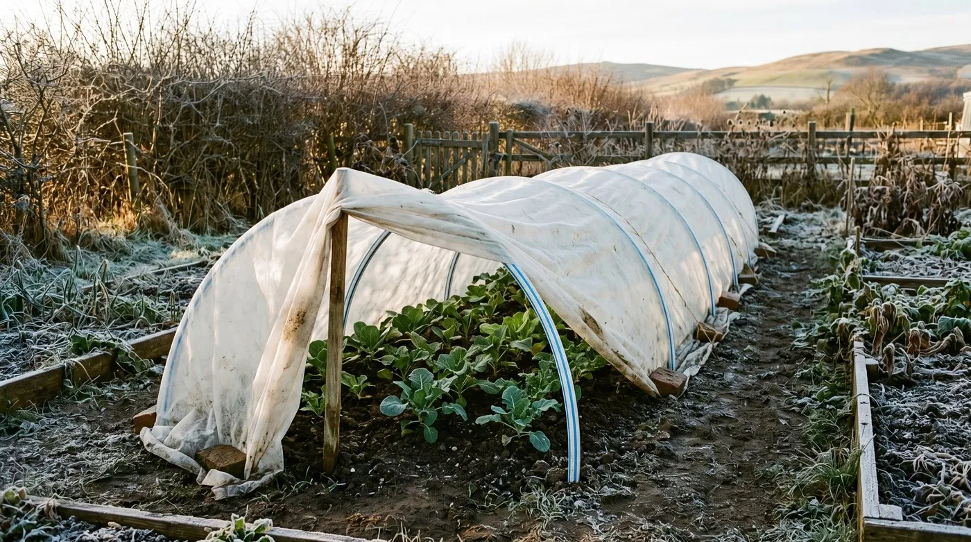 Low fleece tunnel on hoops protecting rows of young brassica plants on an allotment