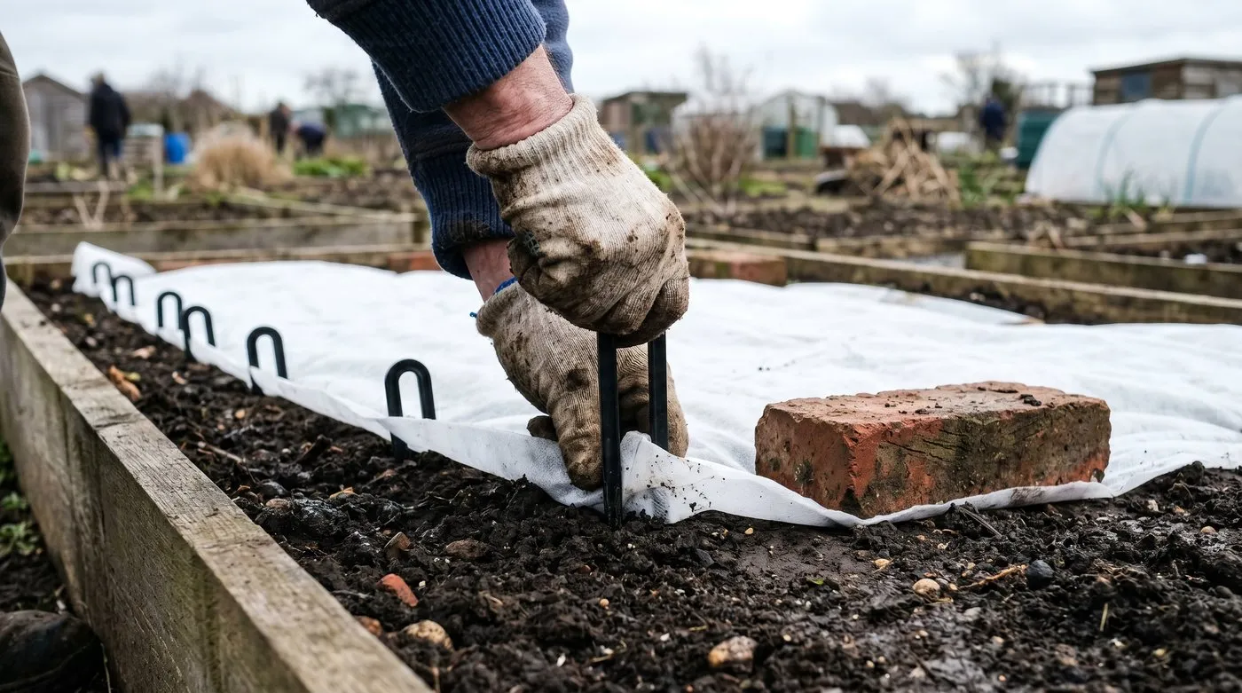 Gardener pressing a plastic peg through the edge of white fleece over a vegetable bed