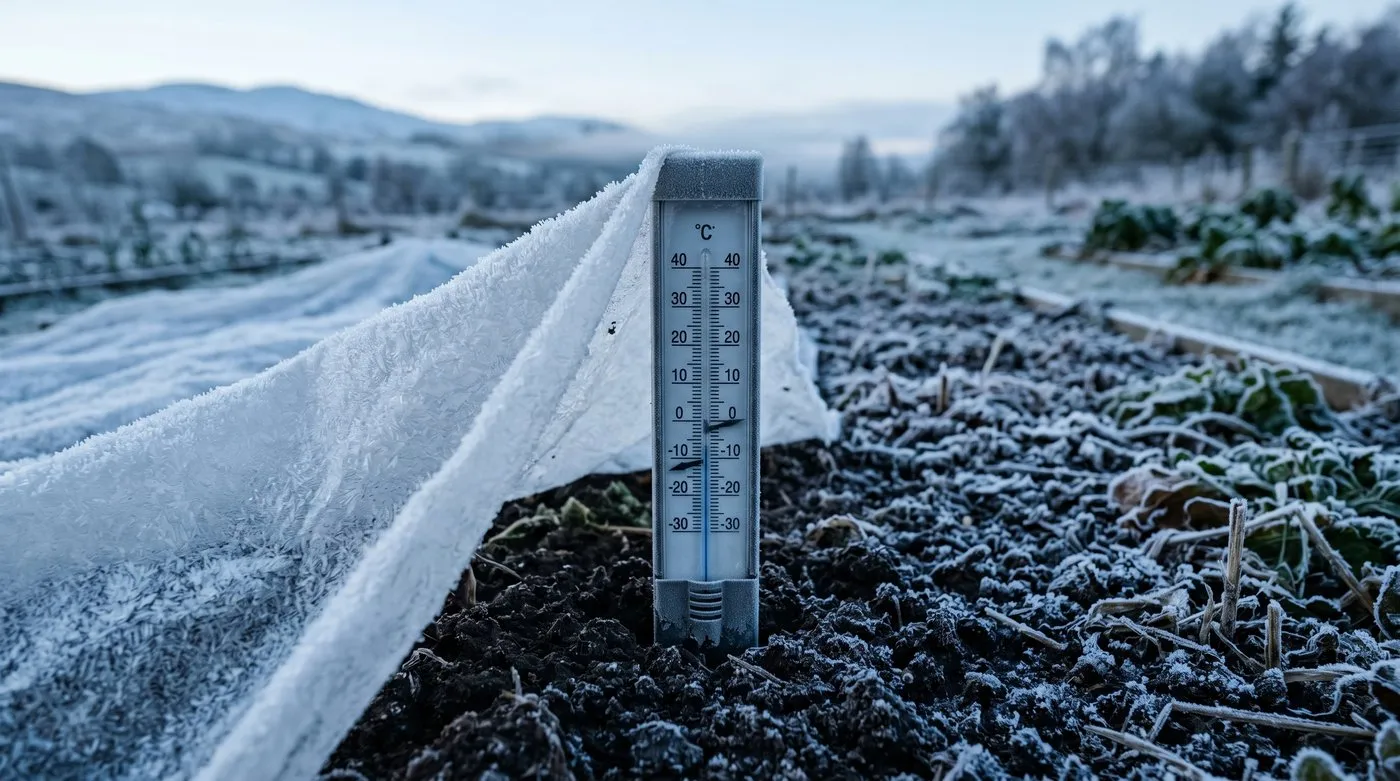 Min-max thermometer reading -0.9°C beneath a layer of garden fleece on a frosty morning