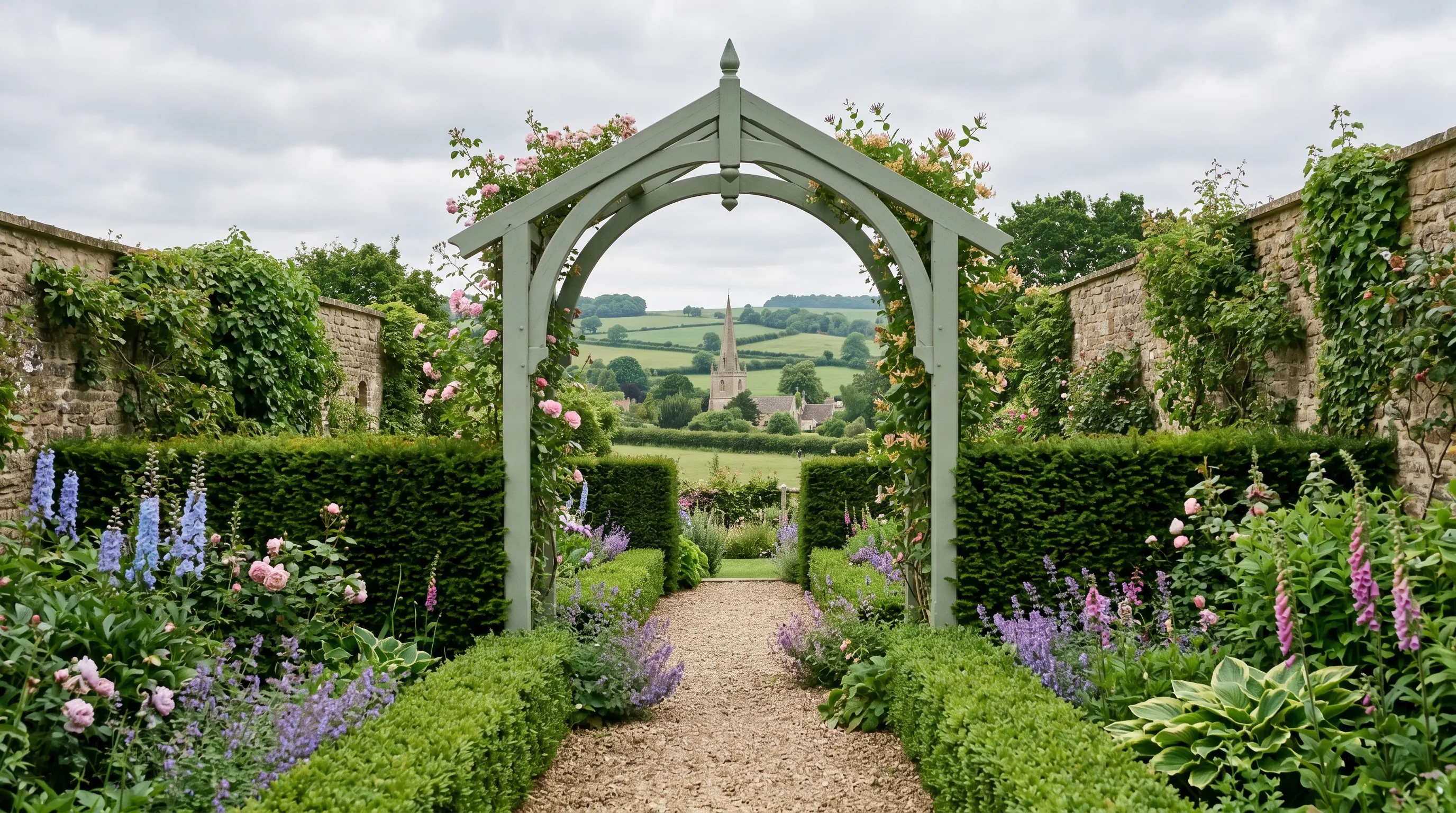 A painted arch framing a borrowed view of distant hills and a church spire in a formal UK walled garden