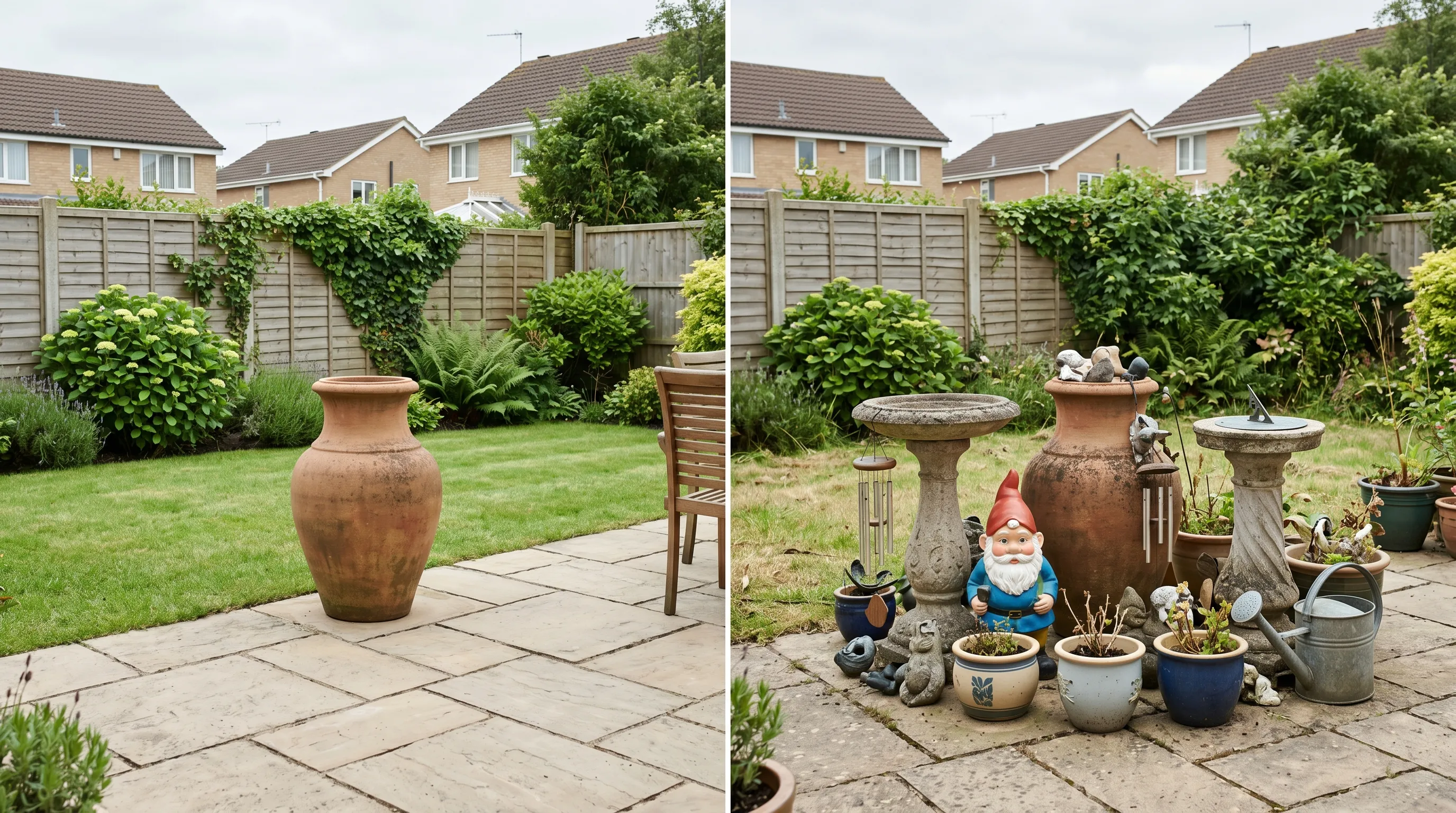 Comparison of a calm garden with one urn focal point versus a cluttered garden with competing ornaments in a UK suburban setting