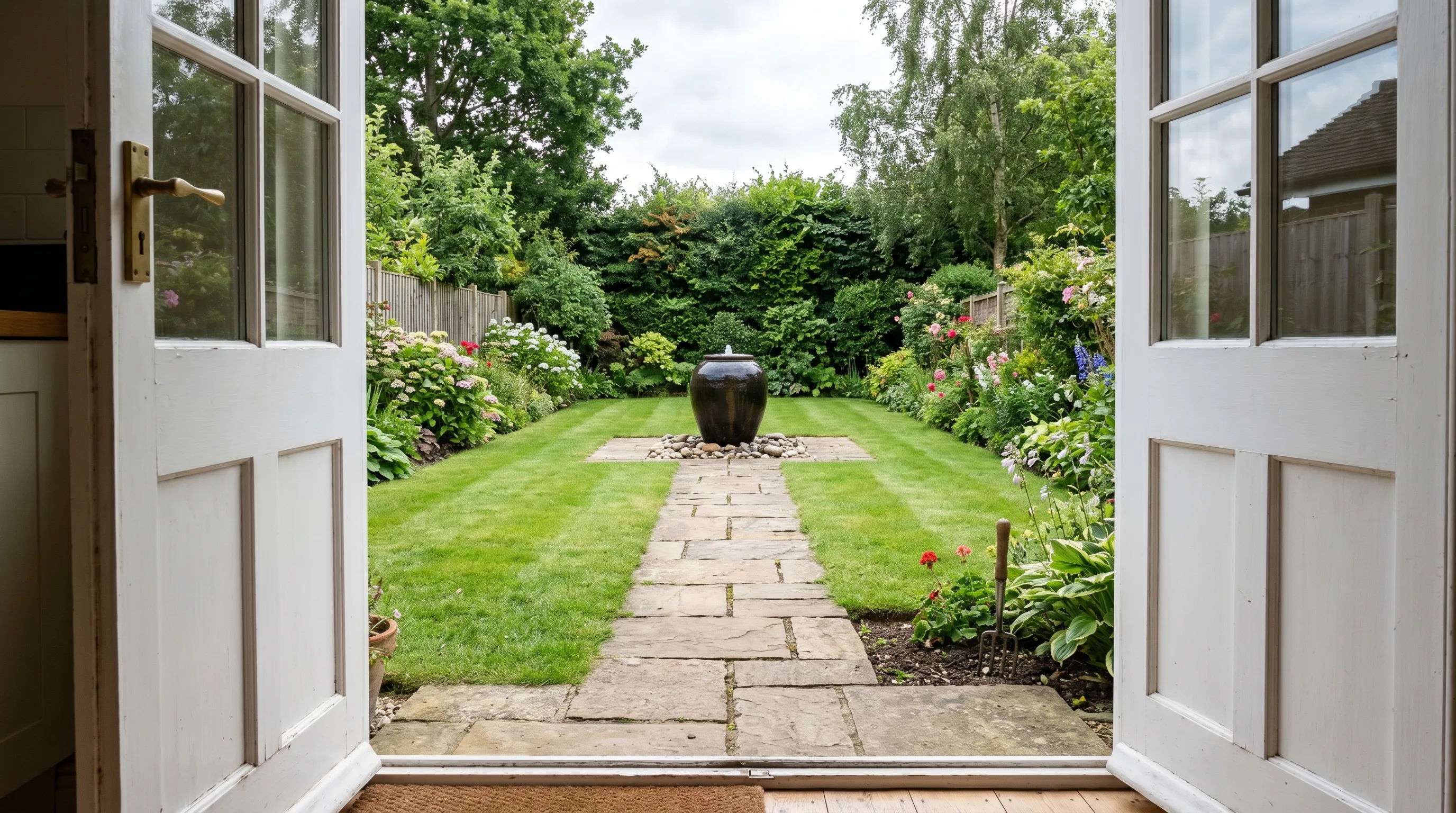 Garden focal point seen straight down a central path from inside an open back door, an axis from house to a water bowl in a UK garden