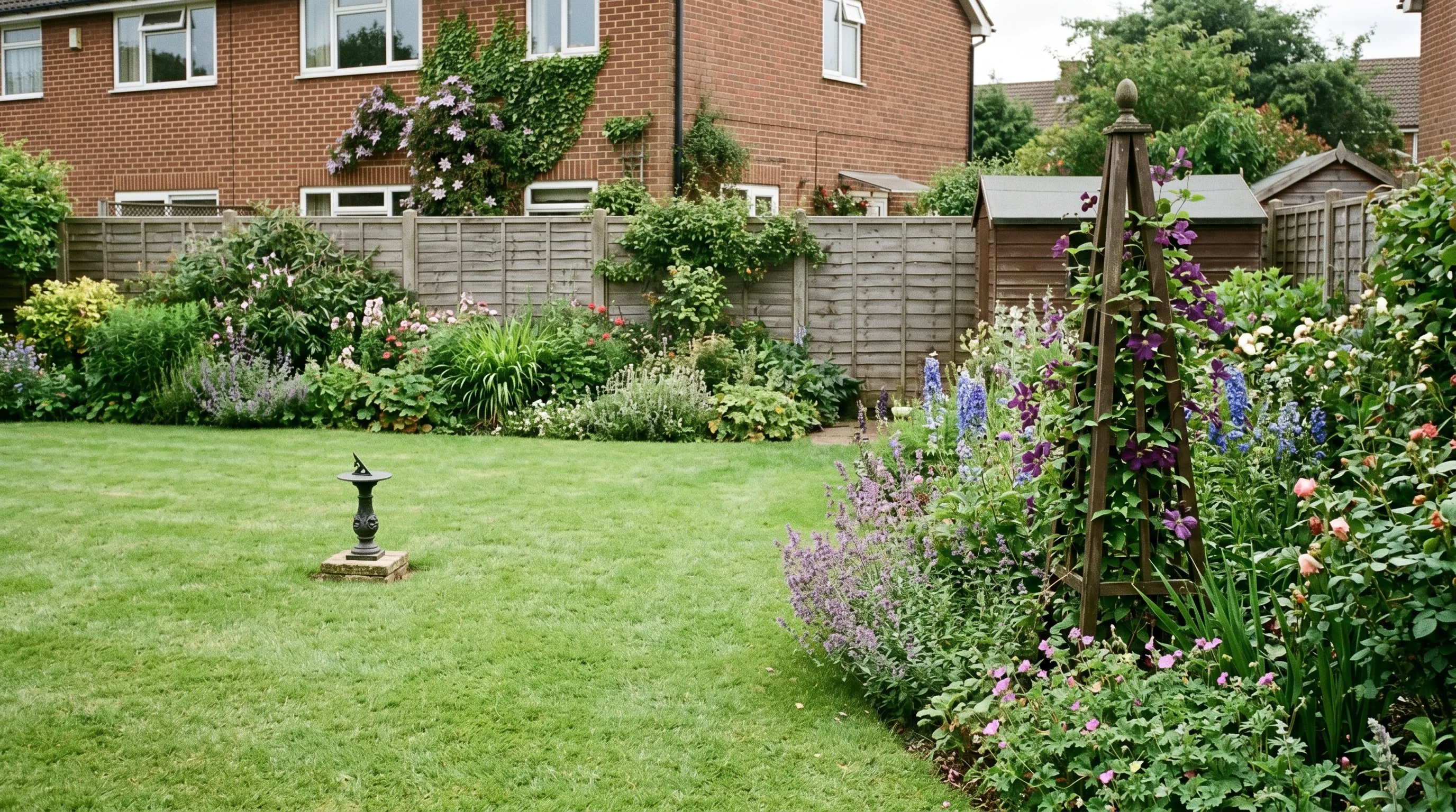 Scale comparison showing an undersized sundial lost in a lawn beside a correctly sized 1.5 metre obelisk anchoring a UK border
