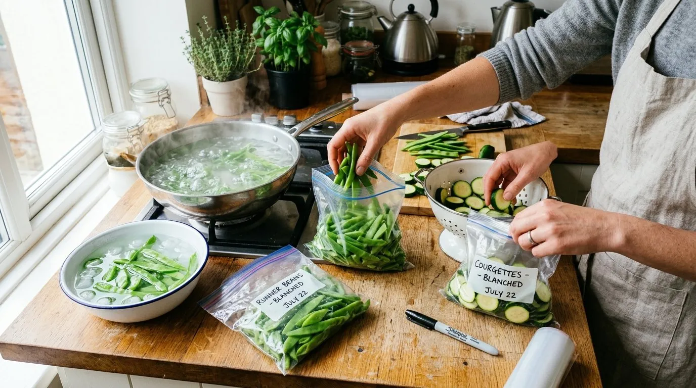 Blanching and portioning garden glut runner beans and courgettes into freezer bags