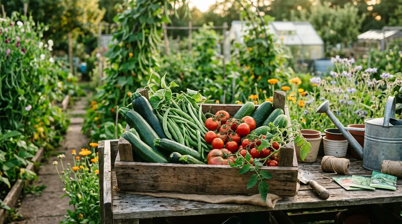 Overflowing harvest crate showing a garden glut of courgettes, runner beans, tomatoes, and cucumbers on a potting bench