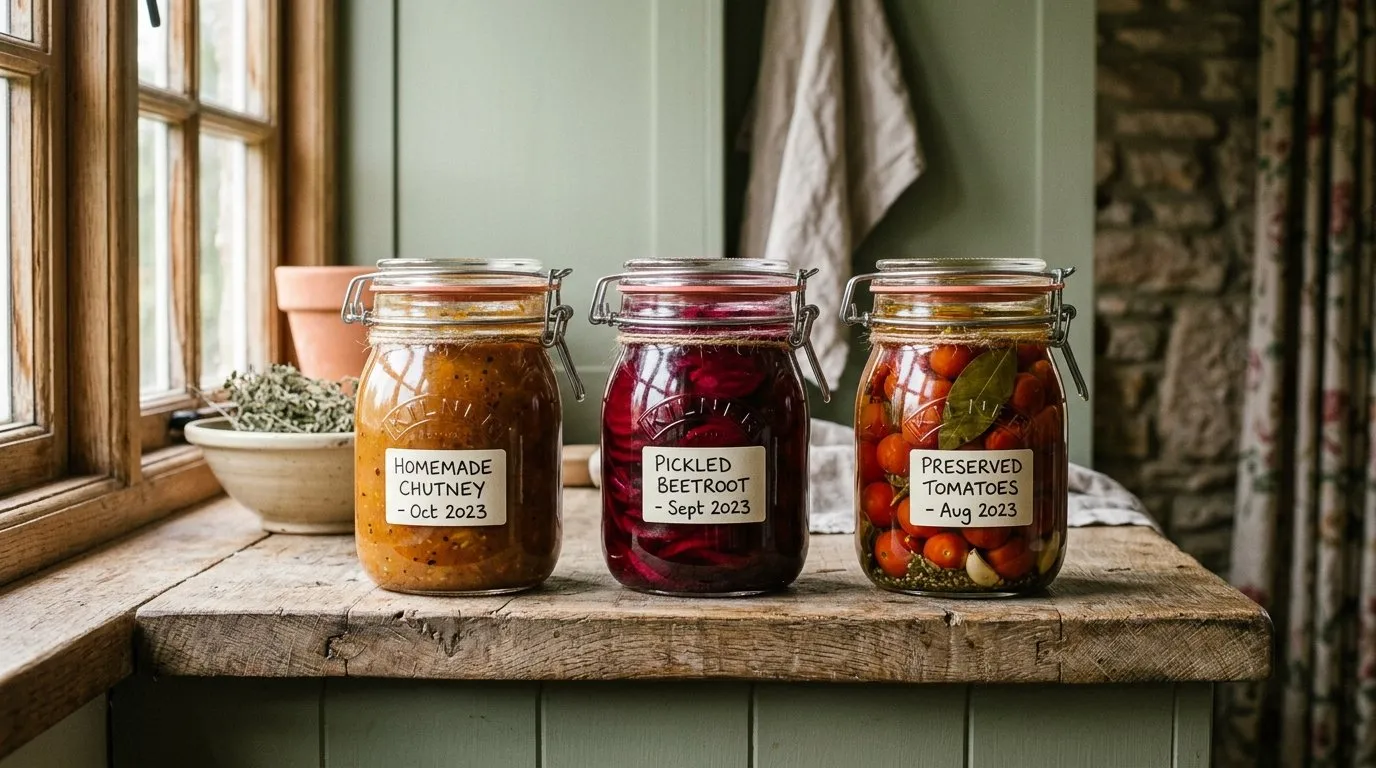 Garden glut preserving jars of chutney and pickled vegetables on a kitchen shelf
