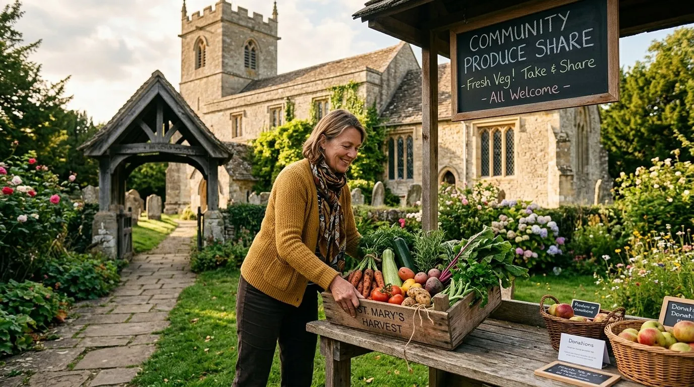 Surplus garden glut vegetables on a village produce-share table