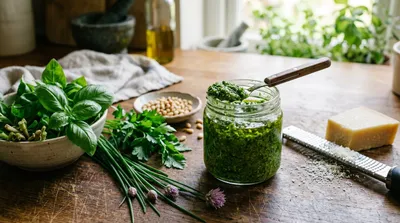 Homemade garden herb pesto in glass jars with fresh basil parsley and rocket on a wooden chopping board UK kitchen