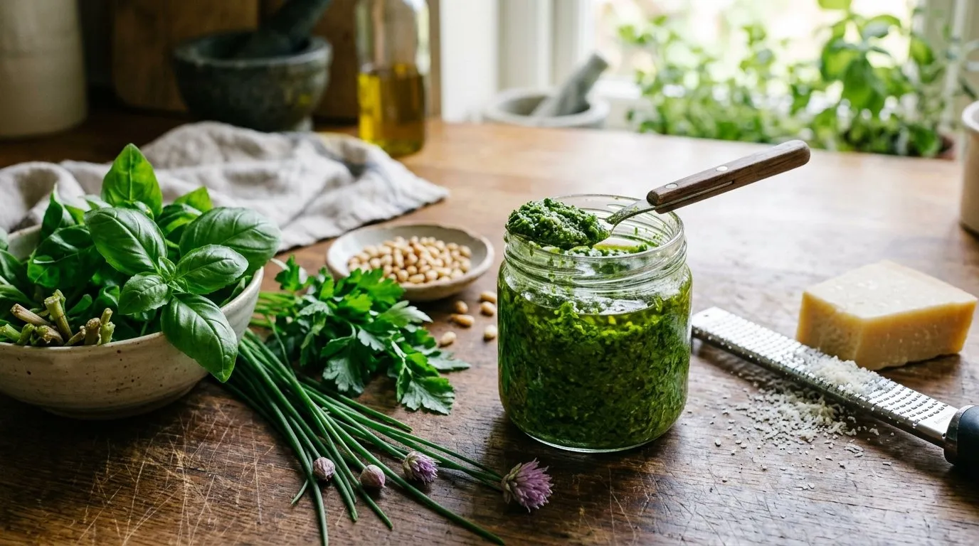Homemade garden herb pesto in glass jars with fresh basil parsley and rocket on a wooden chopping board UK kitchen