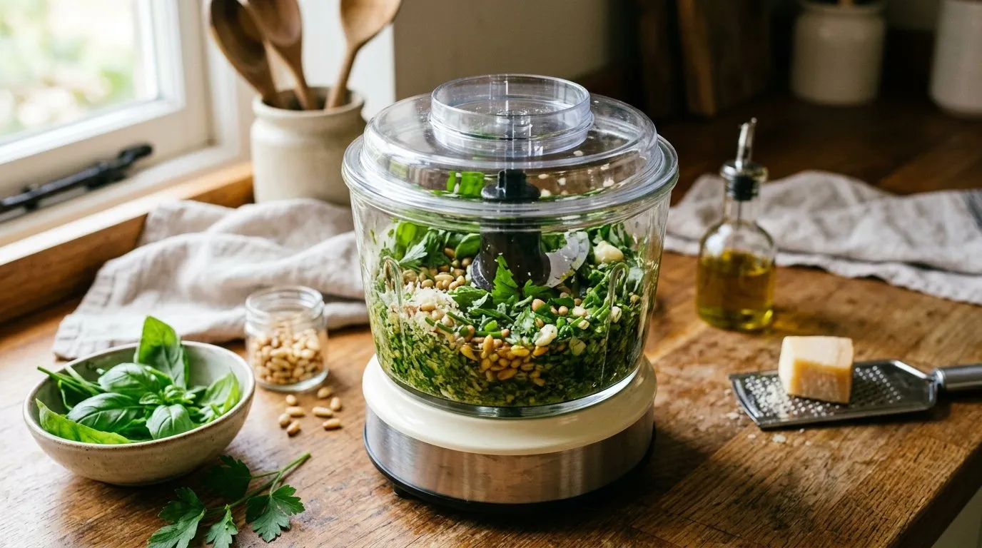 Fresh UK garden basil parsley and chives being processed with pine nuts and parmesan for pesto