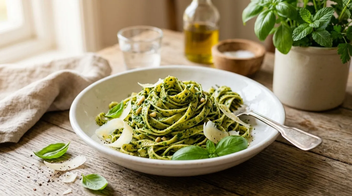 UK garden herb pesto stirred through fresh tagliatelle with shaved parmesan in a white bowl