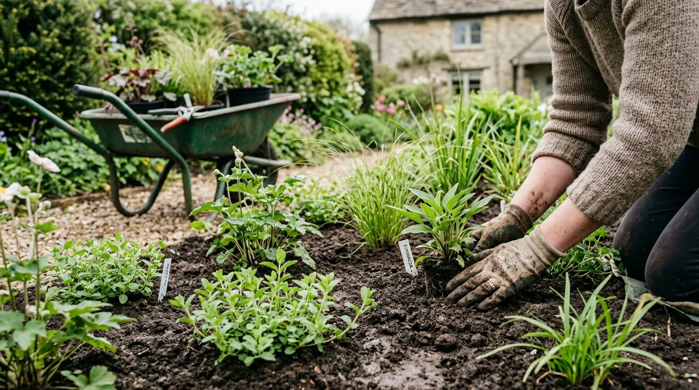 Gardener planting Echinacea in a freshly prepared herbaceous border with Nepeta and ornamental grasses