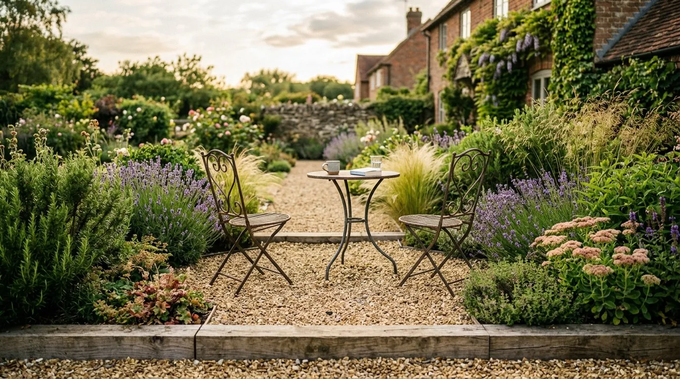 Budget garden idea with a small gravel seating area in a garden with bistro chairs surrounded by lavender, rosemary, and ornamental grasses