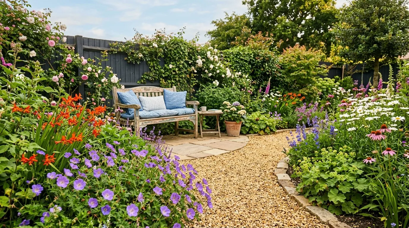 Colourful UK back garden with mixed borders, gravel path, and seating area on a sunny afternoon