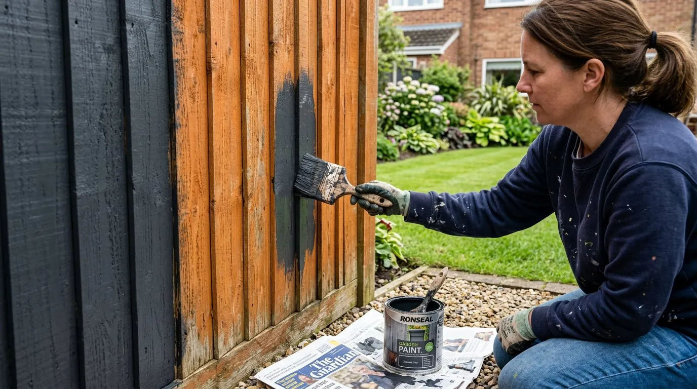 Person painting garden fence panels dark charcoal with a wide brush, turning orange-stained timber