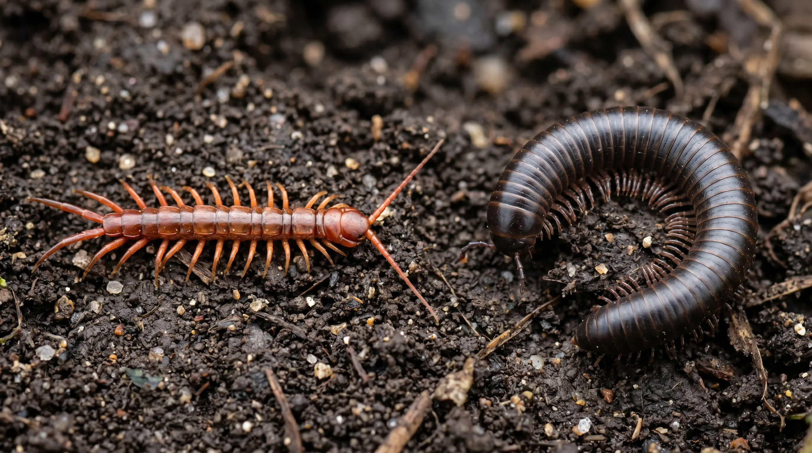 Side-by-side macro comparison of a fast flat centipede and a slow round-bodied millipede on dark garden soil, showing leg differences