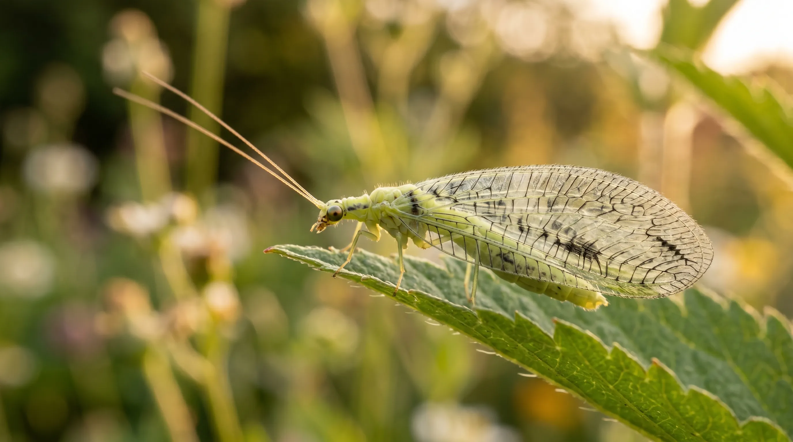 Macro view of a green lacewing with delicate transparent wings resting on a leaf in a UK garden border at golden hour