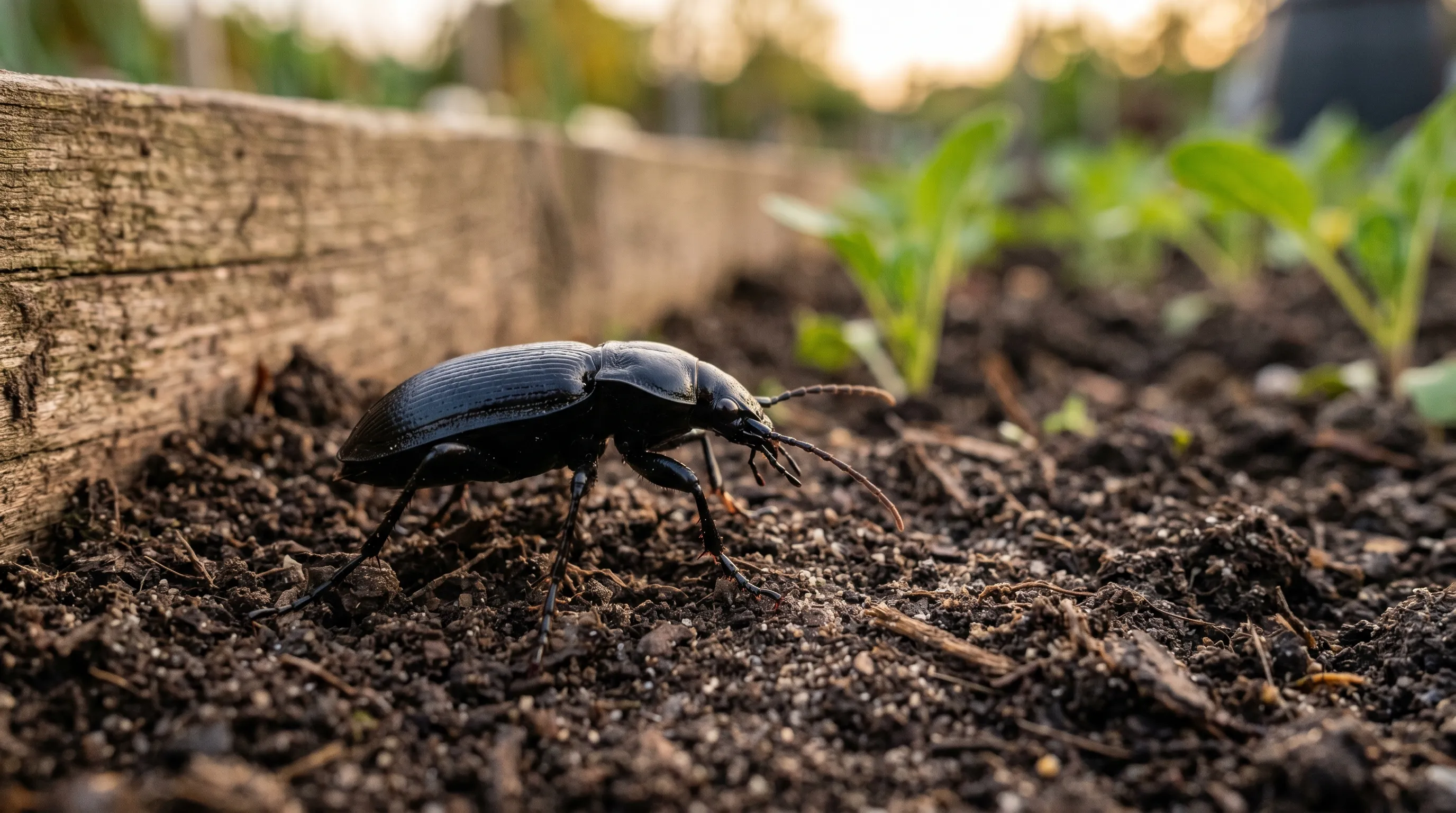 A black ground beetle moving across bare soil at the base of a vegetable bed in a UK allotment at dusk, hunting for slugs