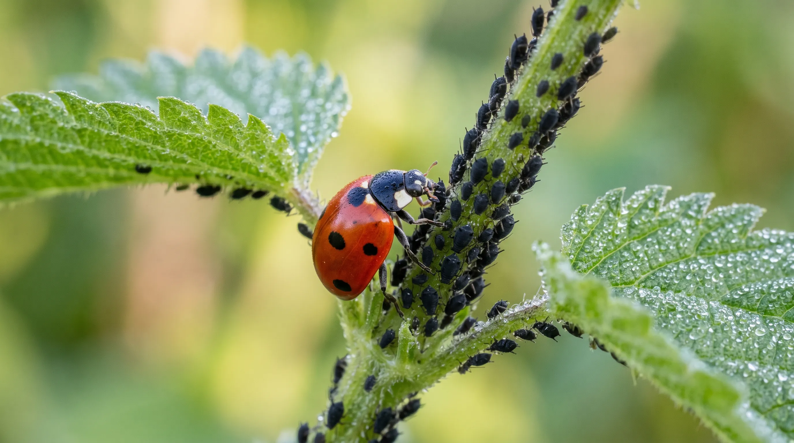 A seven-spot ladybird feeding on a colony of black aphids on a green stem in a UK garden, macro detail