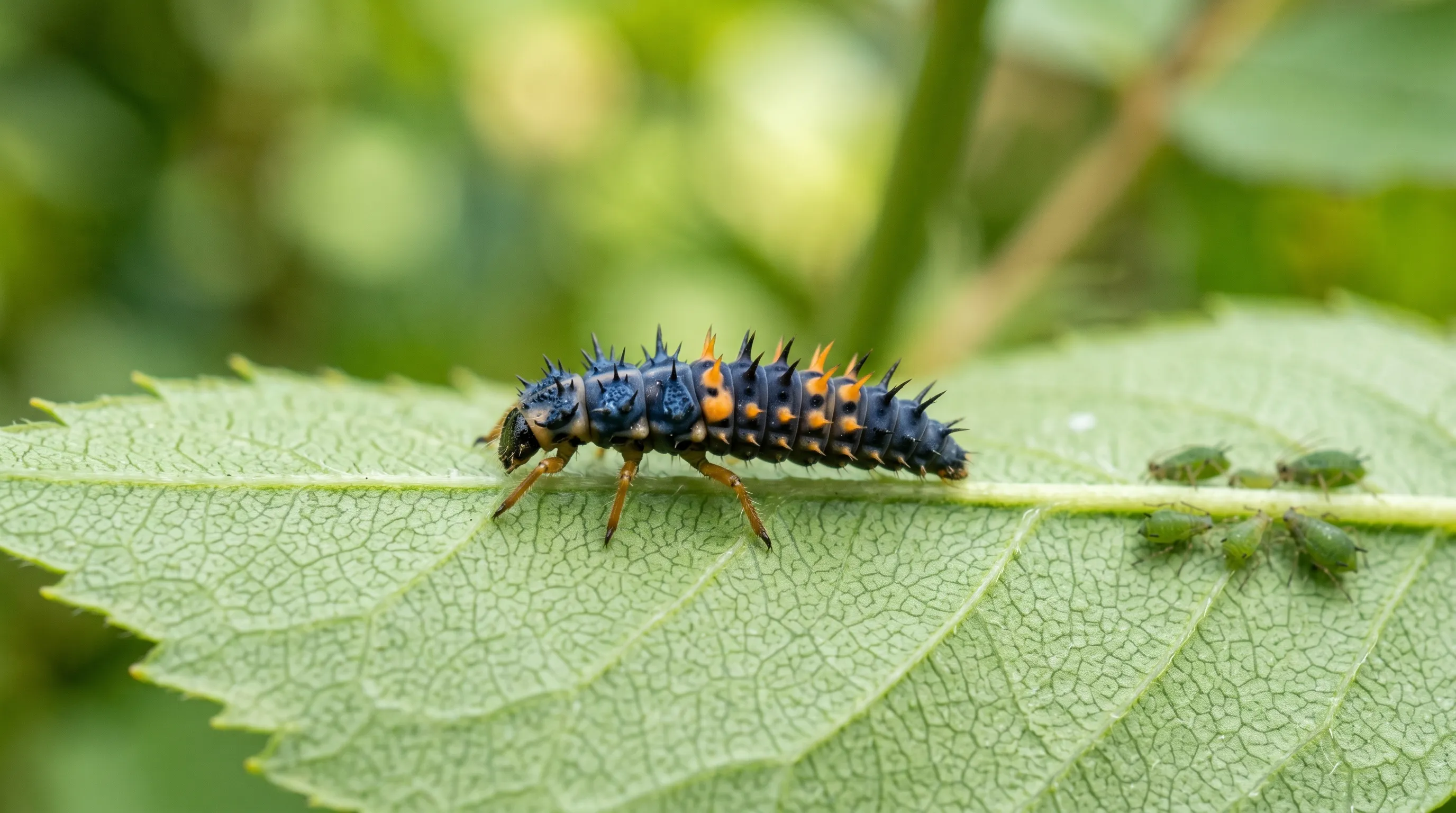 Macro close-up of a spiky blue-black ladybird larva with orange spots crawling along a green leaf among aphids in a UK garden