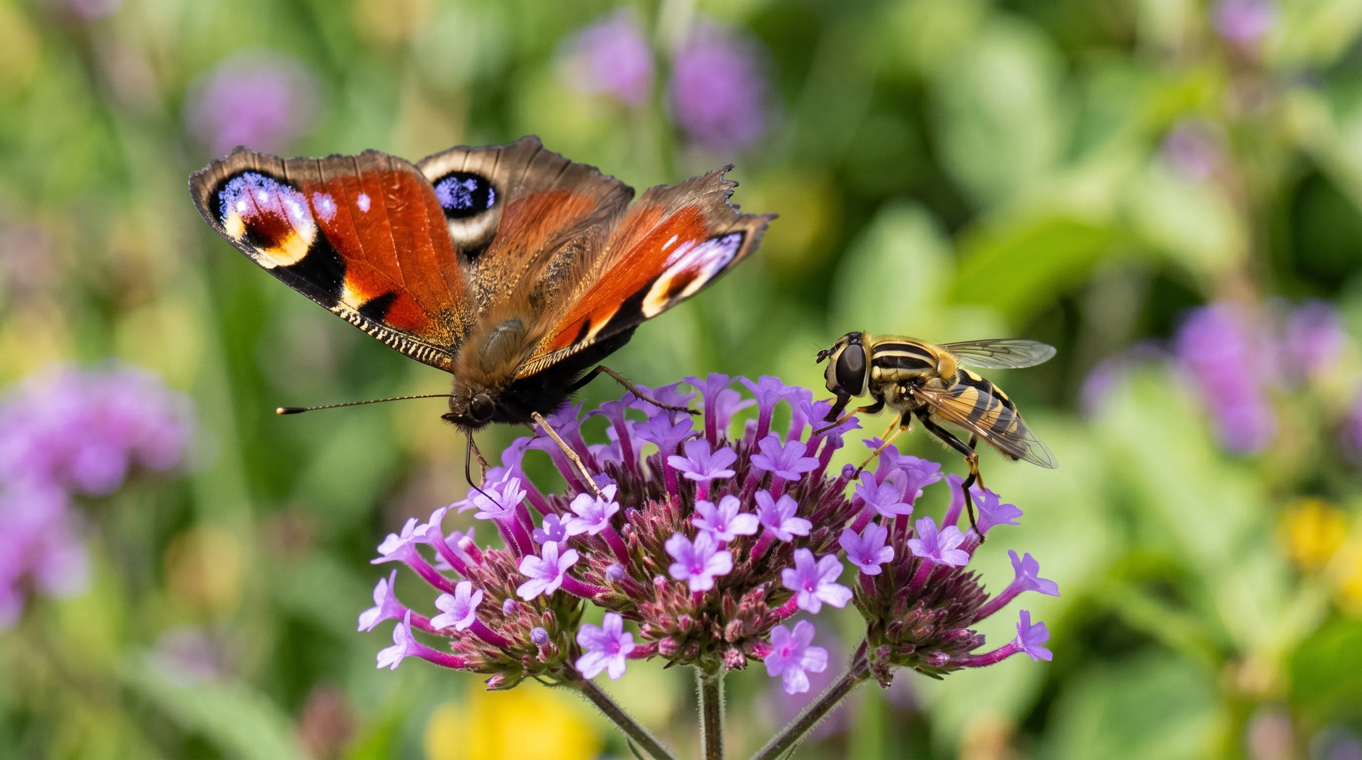 A peacock butterfly and a hoverfly feeding together on a purple verbena flower in a sunny UK cottage garden border