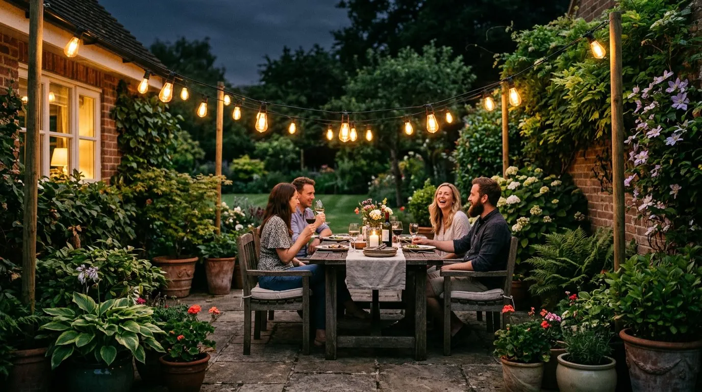 Garden lighting festoon string lights over a UK patio dining area at night