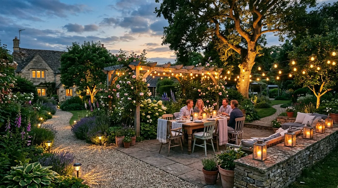 Beautifully lit English garden at dusk with string lights, path lights, and lanterns around a patio dining area
