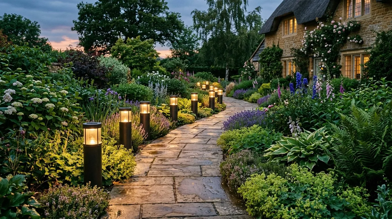Garden lighting solar path bollards lining a curved stone path at dusk in a UK garden