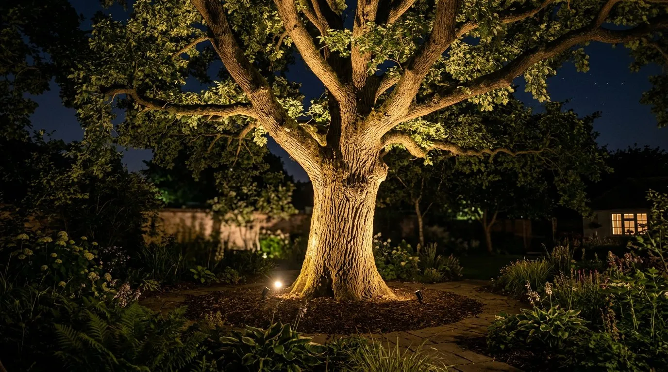 Garden lighting uplighting on a mature tree highlighting bark and canopy at night