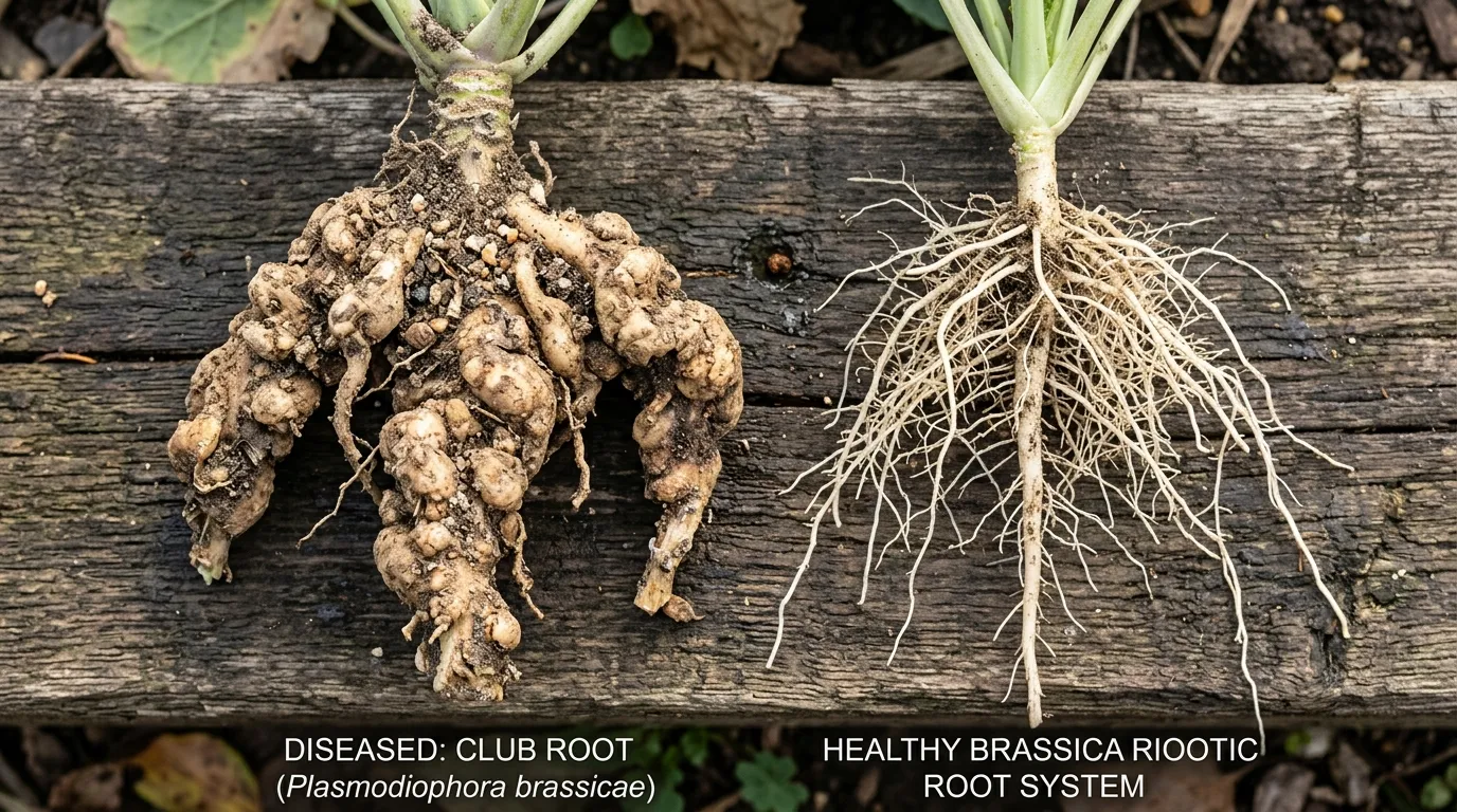 Diagnostic comparison of brassica root systems showing club root galls on left and healthy white fibrous roots on right