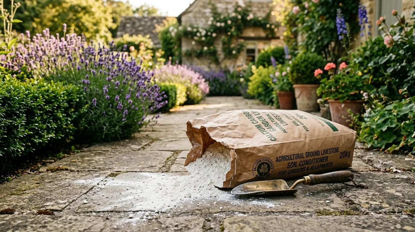 Opened bag of ground limestone calcium carbonate beside a brass garden trowel on a Cotswold cottage garden path