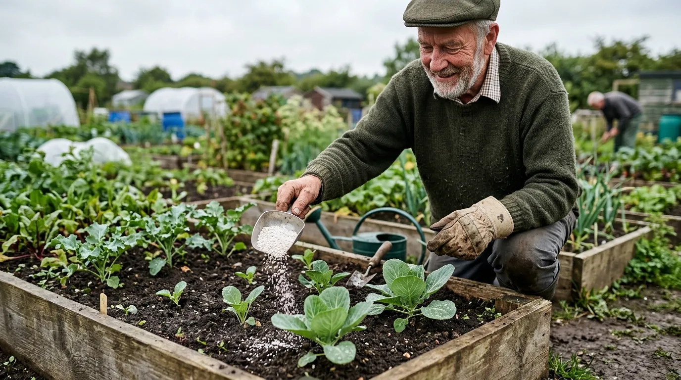 Yorkshire allotment gardener sprinkling dolomite lime around young brassica seedlings in a timber raised bed