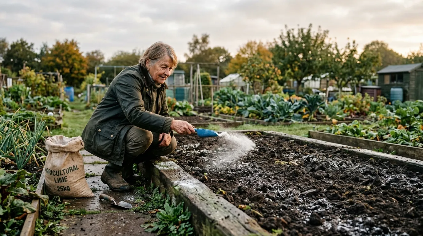 UK gardener spreading garden lime onto a freshly dug vegetable bed on a Staffordshire allotment in autumn