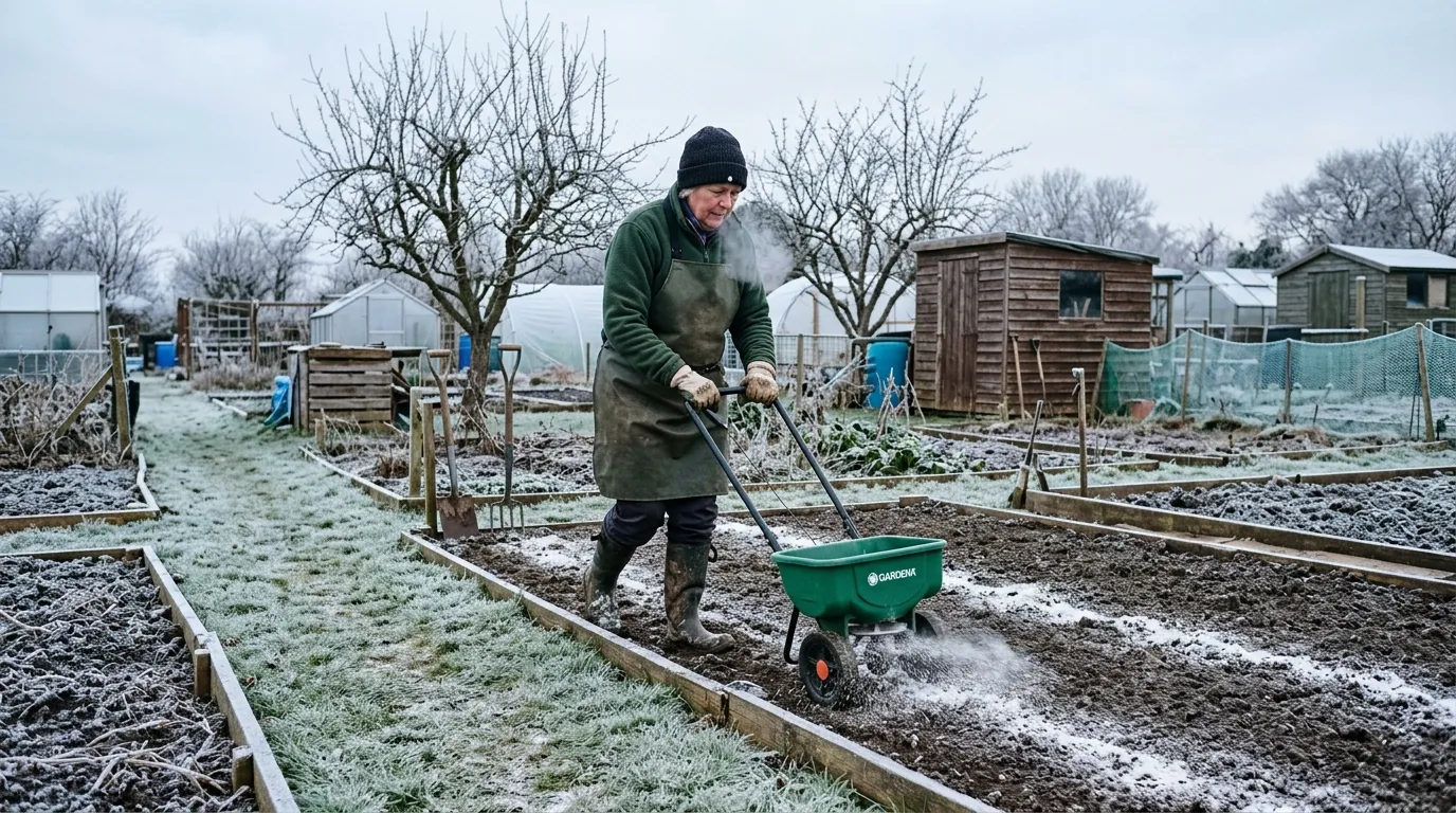 UK allotment holder pushing a hand-held drop spreader across a dormant winter vegetable bed with frost on the grass