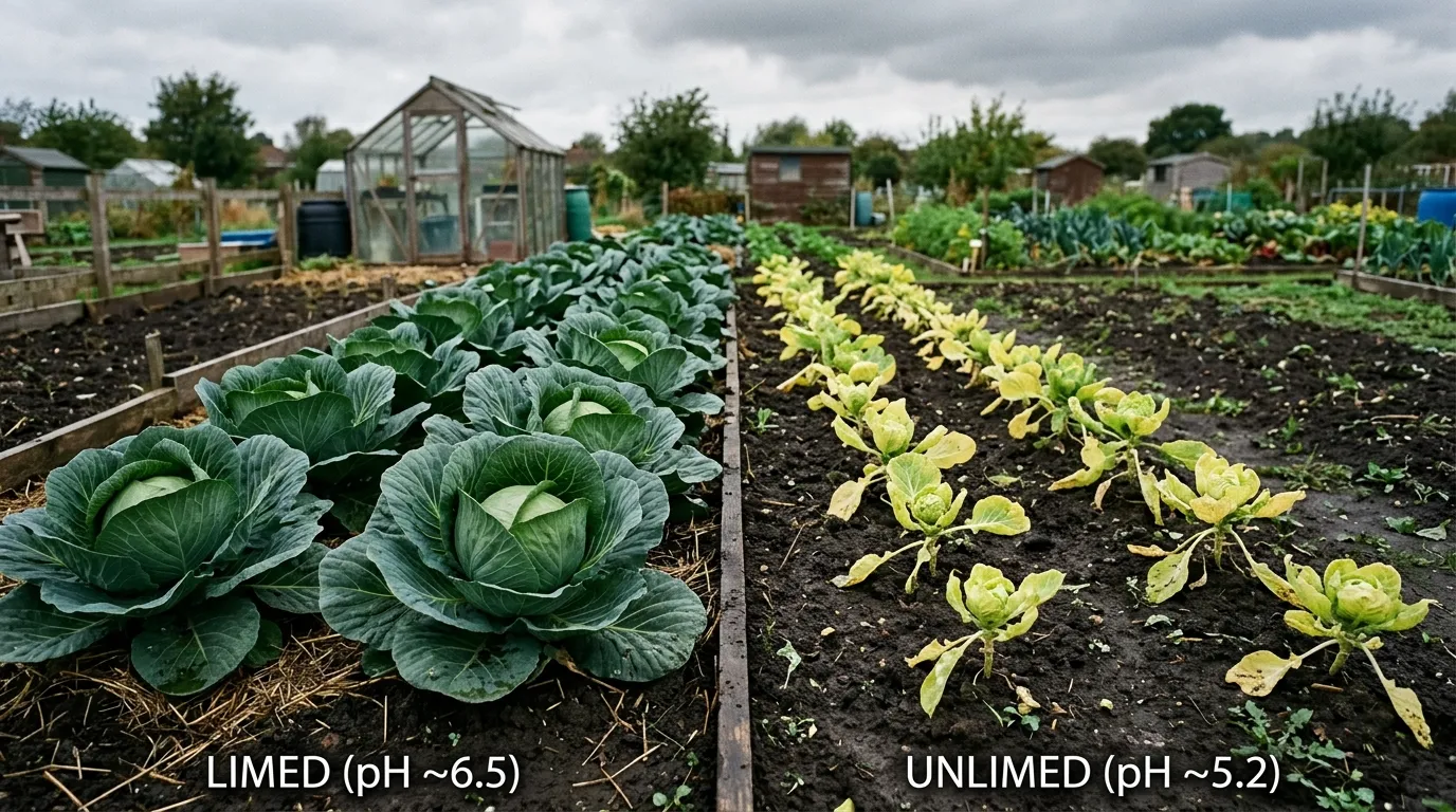 Side-by-side comparison of two cabbage rows in same UK allotment plot, limed half thriving and unlimed half stunted yellow
