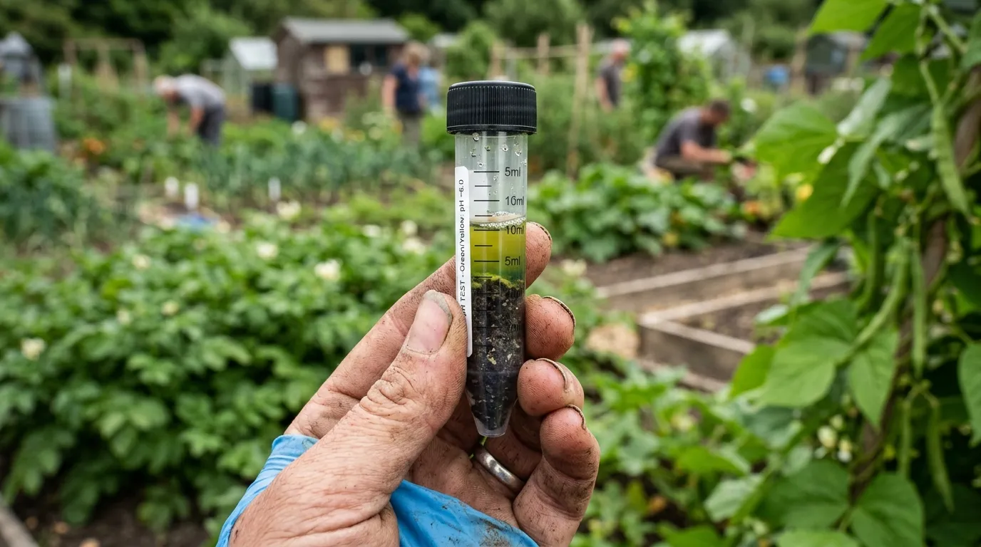 Close-up of a UK gardener's hand holding a clear pH test tube with soil sample showing green-yellow colour change