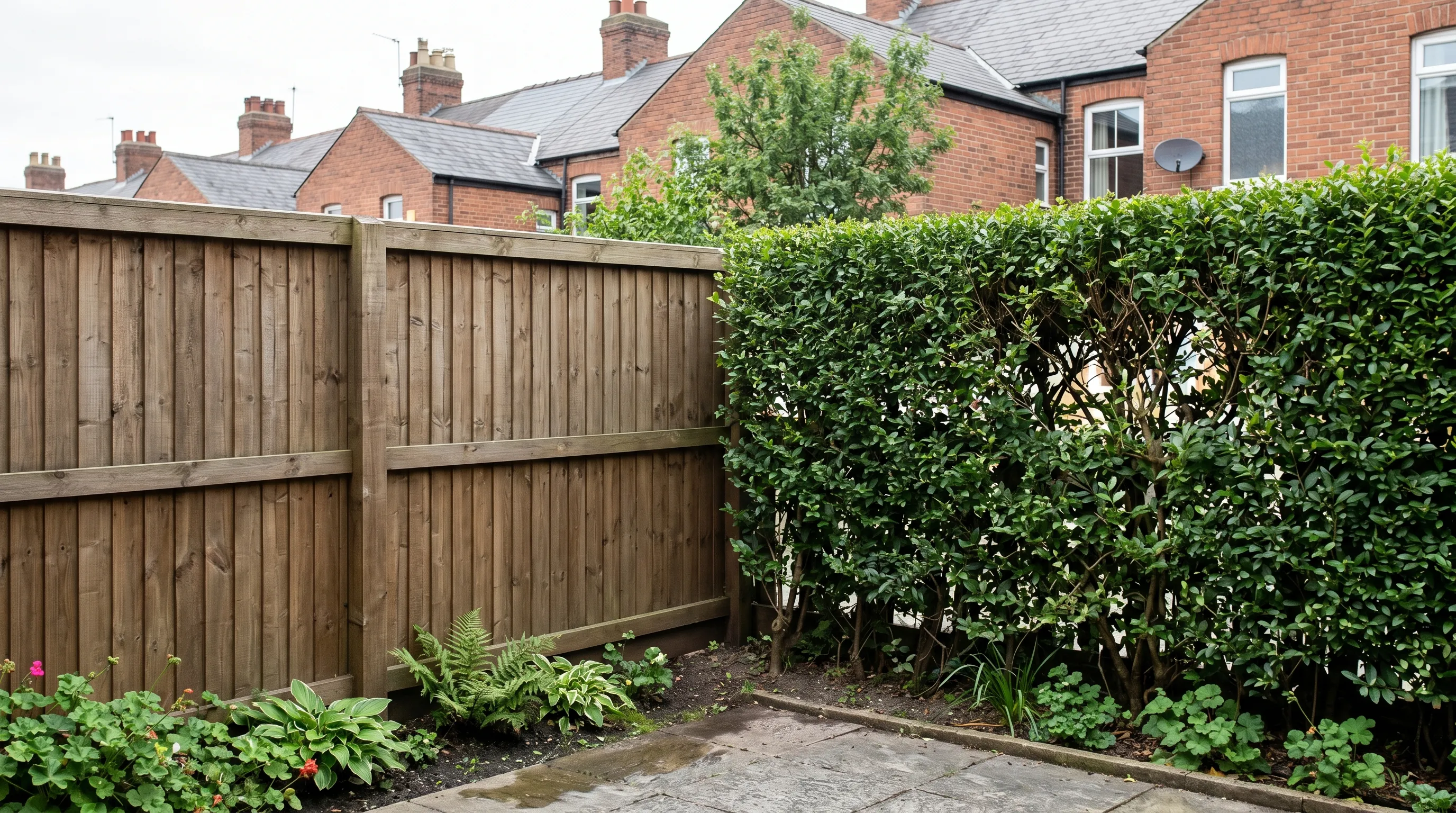 Solid gapless acoustic fence panel beside an open leafy privet hedge of the same height in a UK terraced garden