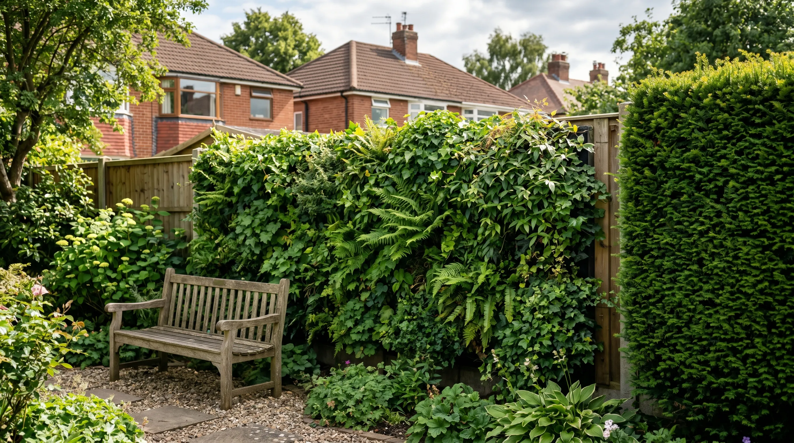 Living green wall of ivy and ferns over an acoustic panel beside a dense yew hedge in a suburban UK garden