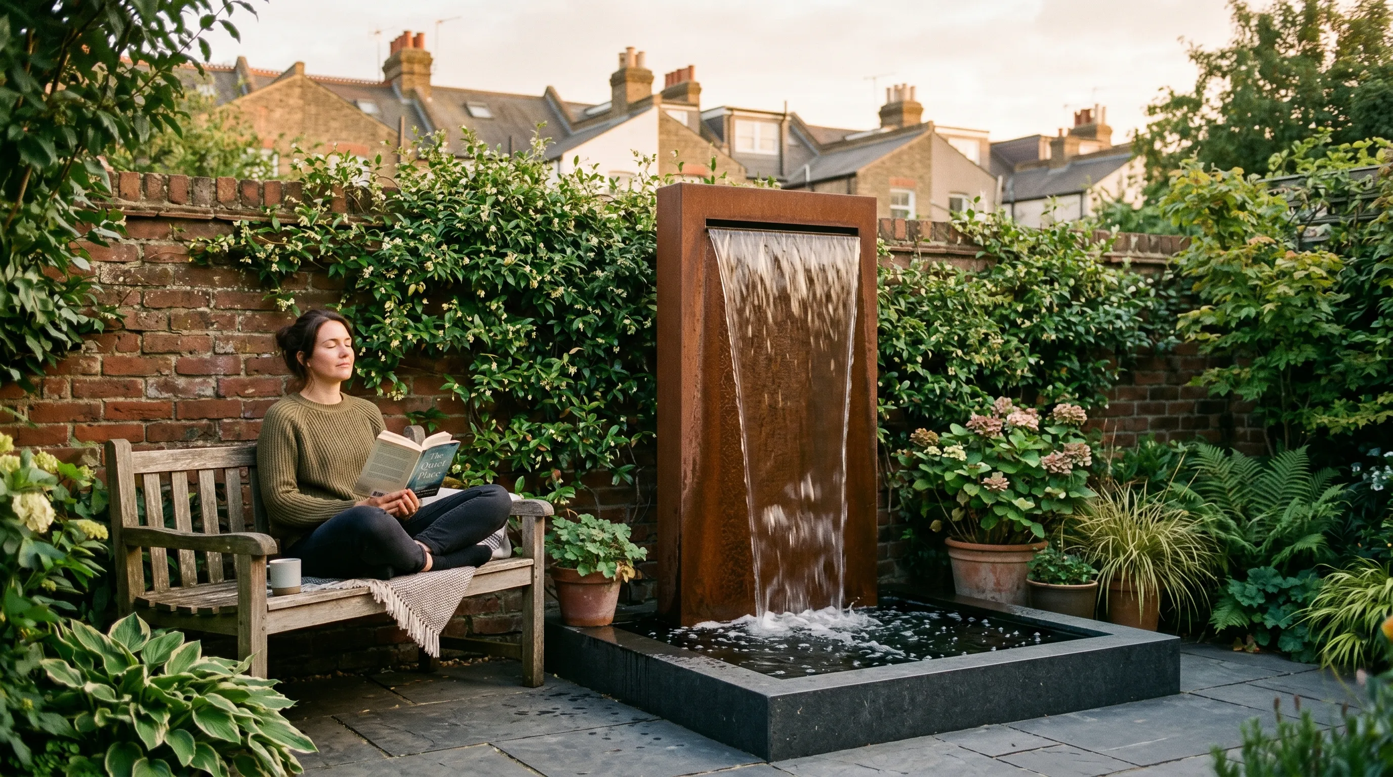 Contemporary corten water blade masking road noise in a UK city courtyard garden with a person reading nearby