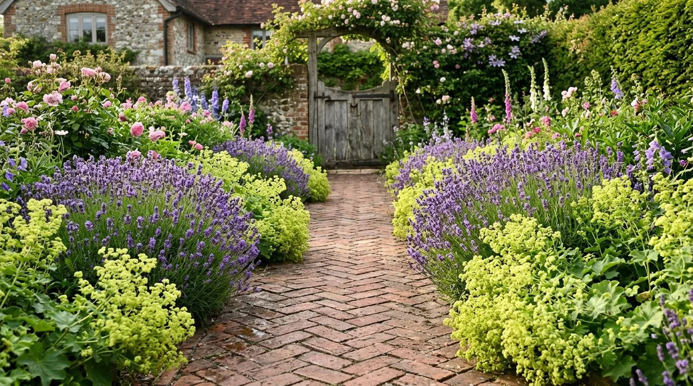 Red brick garden path in herringbone pattern with lavender and Alchemilla mollis spilling over both edges