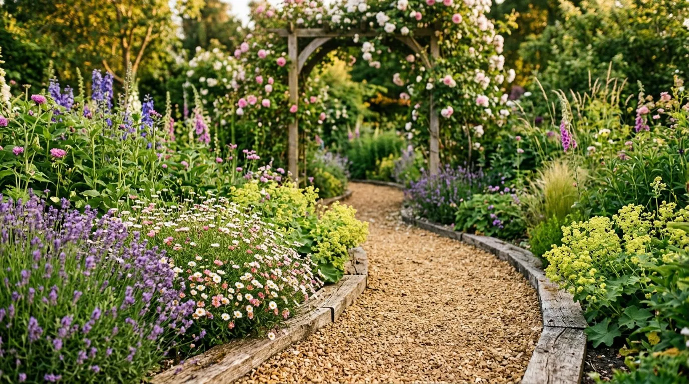 Winding golden gravel garden path through informal cottage planting with lavender and Erigeron spilling over the edges