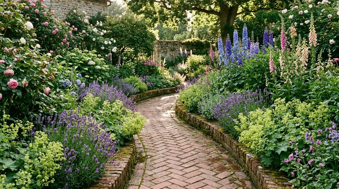 Curved brick garden path winding through mixed borders of lavender and cottage garden perennials