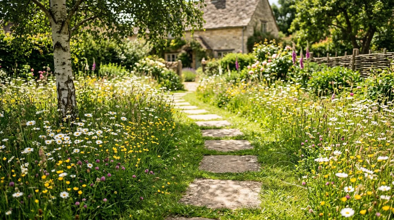 Garden path of natural York stone stepping stones set into a wildflower lawn with ox-eye daisies and buttercups