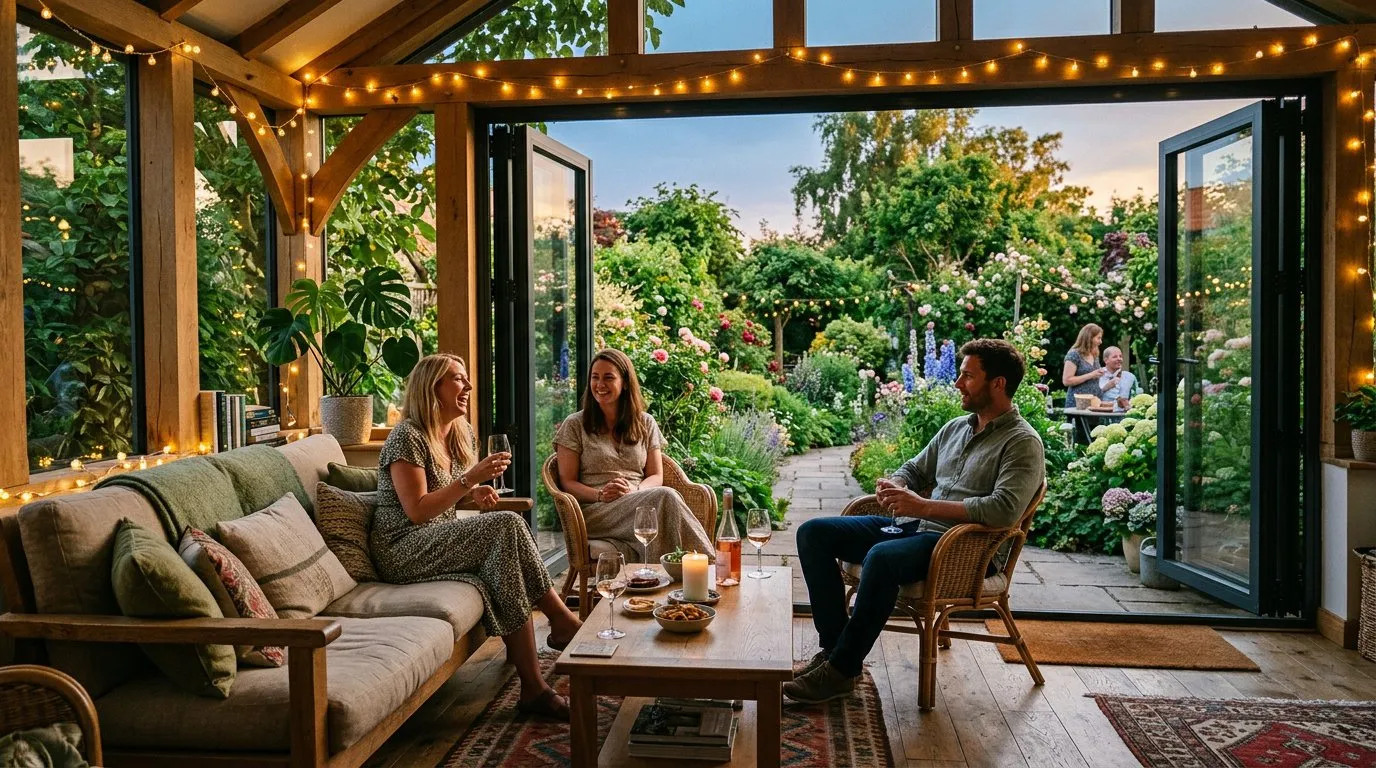 Garden room entertaining space with bi-fold doors and views of a UK garden