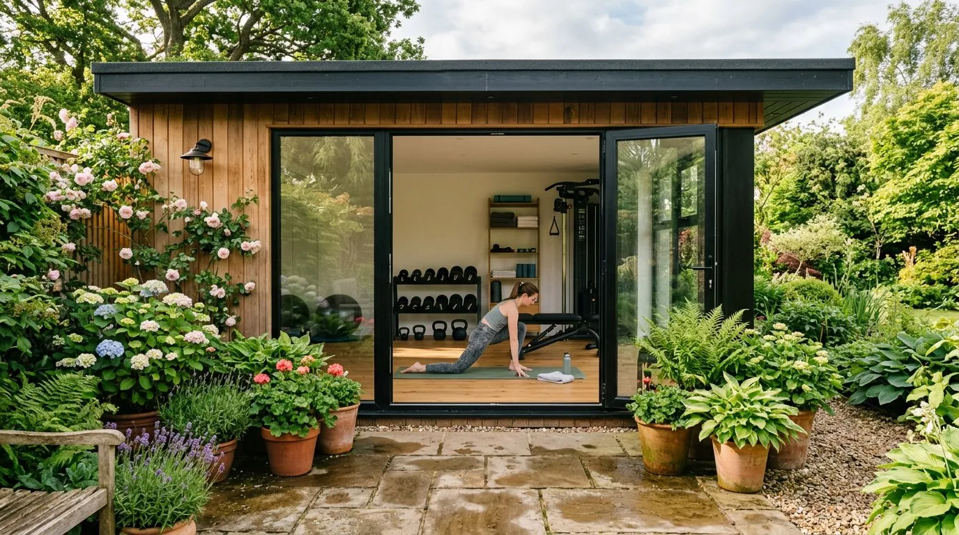 Garden room converted into a home gym with equipment visible through glass doors