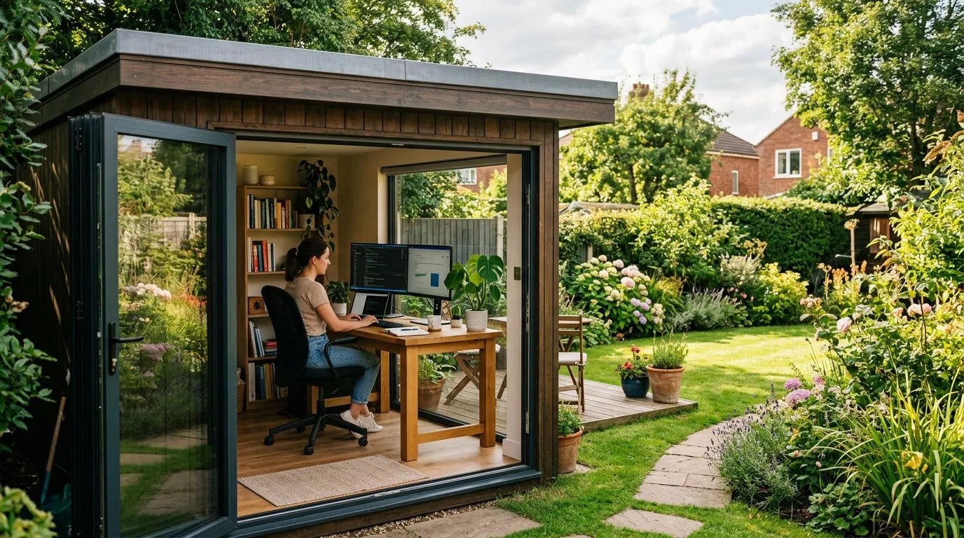 Garden room home office with large glass doors open to a UK back garden
