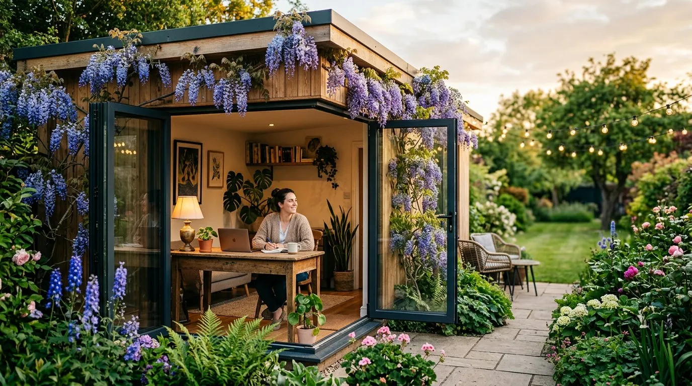 Modern garden room with bi-fold doors open to a UK garden with climbing wisteria