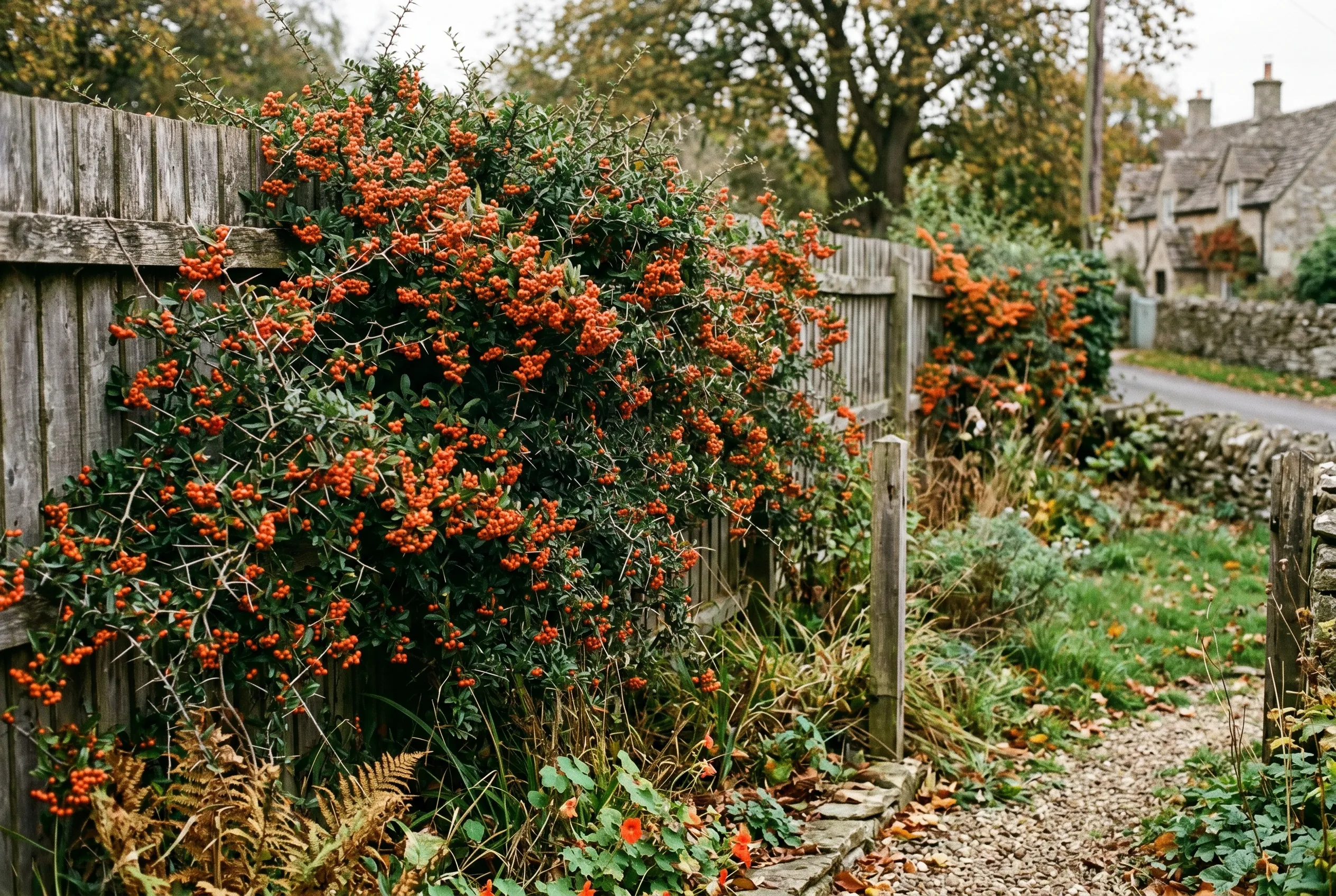 A dense defensive prickly pyracantha hedge covered in orange berries and thorns along a garden boundary