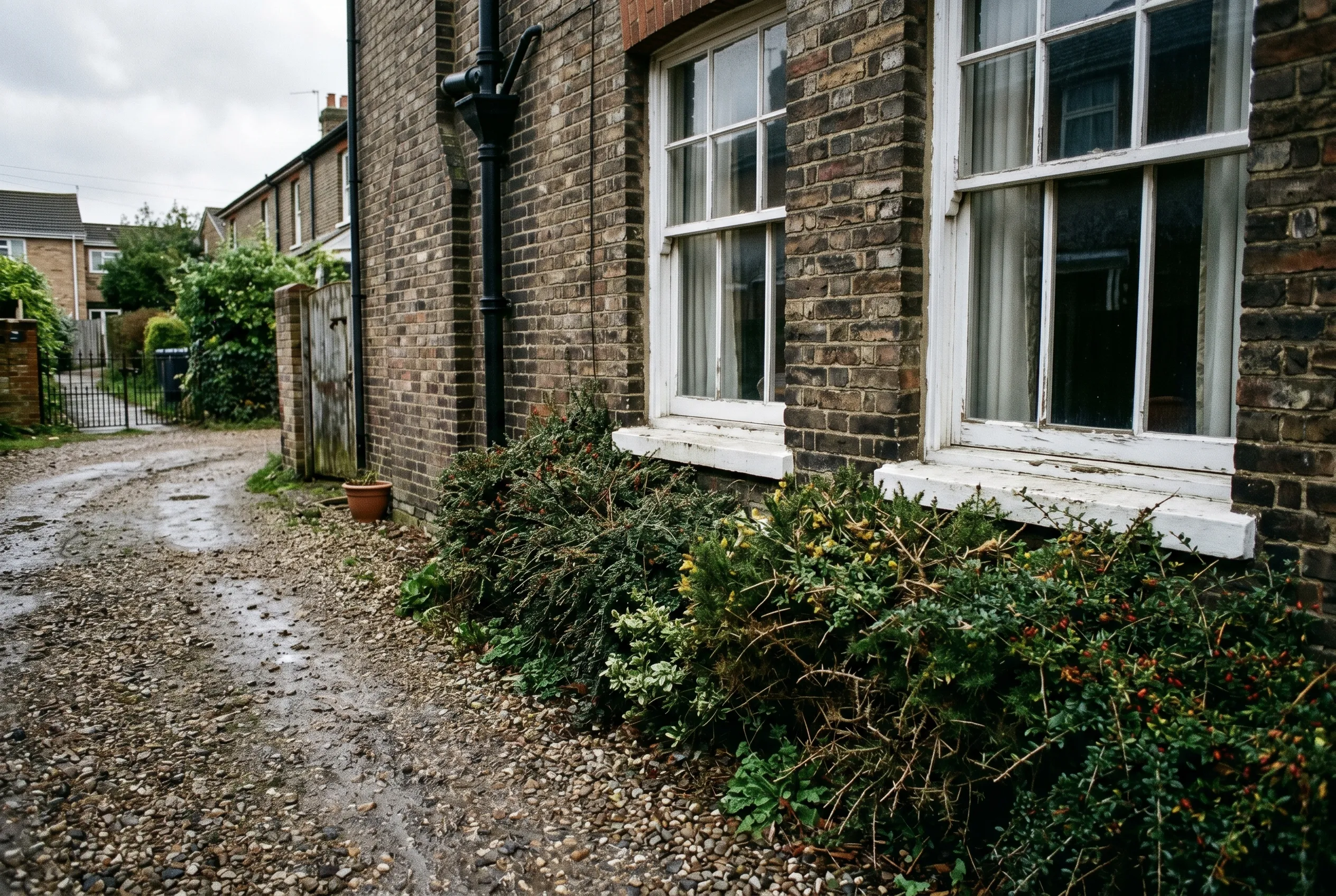 A noisy gravel path running below the ground-floor windows of a UK house with low prickly planting beneath